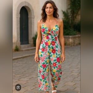 Old Navy Tie Shoulder Twist Front Smocked Wide Leg Crop Linen Blend Jumpsuit L